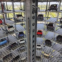 New cars for delivery in the Autoturm, interior view from top to bottom, Autostadt, Volkswagen AG,