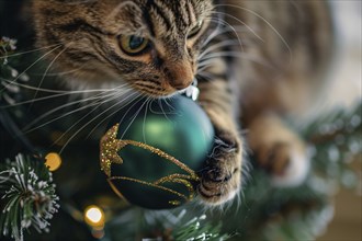 Curious tabby cat playing with green Christmas tree bauble. Generative AI, AI generated