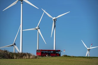 Wind farm near Lichtenau, wind turbines, country road, Driburger Straße, local bus, public