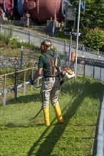 Man mowing a meadow with a brush cutter