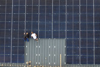 Installation of solar modules on the roof of a barn on a farm, over 210 photovoltaic modules are