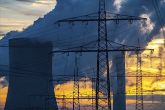 Lignite-fired power plant, RWE Power AG Niederaussem power plant, sunset, Bergheim, North