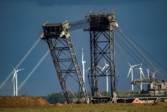 Lignite excavator in the Garzweiler open-cast lignite mine, RWE wind farm, Erkelenz, North