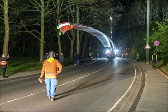 Transport of a 68 metre long, 22 tonne blade of a wind turbine, here in Schwelm, with a