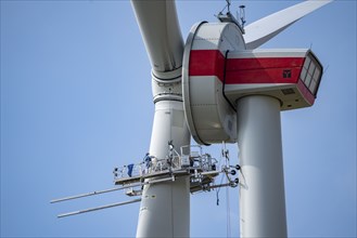 Maintenance work, repairs to a rotor of an Enercon wind turbine, in a wind farm east of Bad