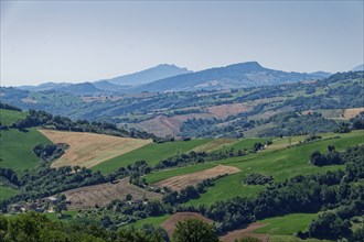 Landscape near San Ginesio in the Marche region with the mountains of the Monti Sibillini National