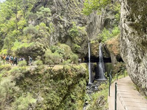 Hiking trail with waterfall on the Levada Nova and Levada do Moinho, Madeira, Portugal, Europe