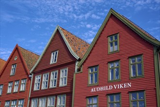 Traditional red wooden houses under a blue sky with pitched roofs and multiple windows in a sunny