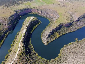 Panoramic view of a river running through dramatic gorges and dense vegetation, aerial view, gorge,