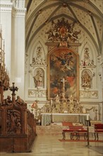 Chancel and choir stalls, Minster, Our Lady, interior view, paintings, decorations, wood carving,