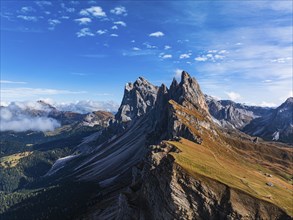 The Sas Rigais and Furchetta peaks of the Odle Group, drone shot, Val Gardena, Dolomites,