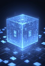 Three dimensional render of a blue glowing blockchain cube, AI generated