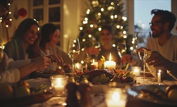 A group of people are sitting around a table with plates of food and celebrating, AI generated