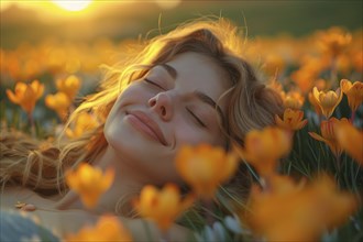 A young woman lies relaxed in a meadow, surrounded by crocus flowers, enjoying the first warming