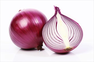 Whole and halved onion on white background. KI generiert, generiert, AI generated