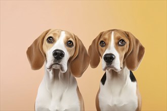 Pair of beagle dogs in front of yellow background. KI generiert, generiert AI generated