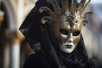 A person adorned in a richly detailed mask and costume, capturing the essence of the Venice