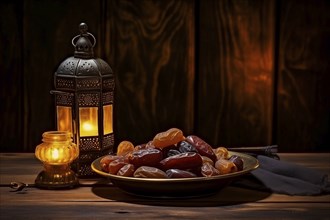 Ramadan lantern with a plate of succulent figs on dark background, set on an ornate table with