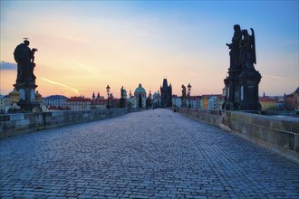 Charles Bridge with Old Town Bridge Tower, morning atmosphere, Prague, Czech Republic, Europe