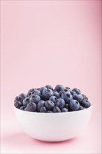 Fresh blueberry in white bowl on pink background. side view, copy space