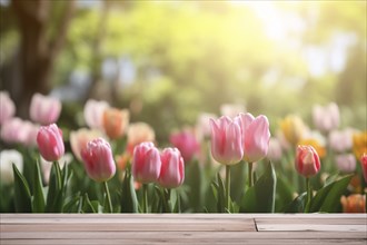 Wooden empty board with tulip spring flowers and sunlight in blurry background. KI generiert,