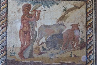 Ancient mosaic depicting a faun playing the panpipe surrounded by animals, Archaeological Museum,