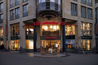 Globetrotter shop, logo, evening mood, Stuttgart, Baden-Württemberg, Germany, Europe