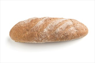 Fresh homemade bread with flour isolated on white background. side view, close up