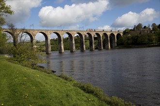 Train railway viaduct crossing River Tweed, Berwick-upon-Tweed, Northumberland, England, UK