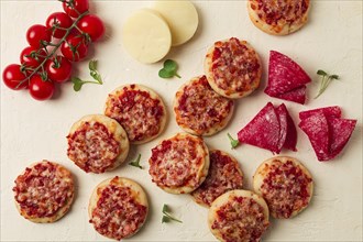 Mini pizzas, salami with mozzarella cheese, on a white table, top view, no people