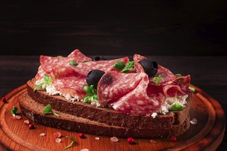 Sandwich, grain bread, with cream cheese and salami, black olives, micro-greens, top view,