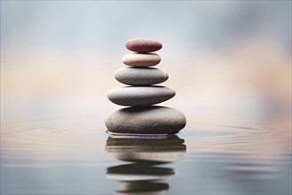 Stack of zen stones on water with a nature background. The image conveys a sense of balance,