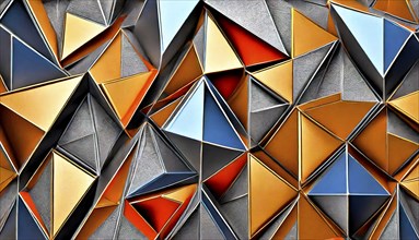 Art object, Artistic digital design art, Triangles coloured in shiny metal look in 3D, AI