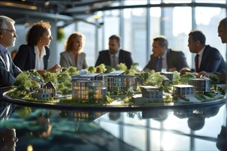 Business professionals engaged with a scale model of a modern solar park adjacent to miniature