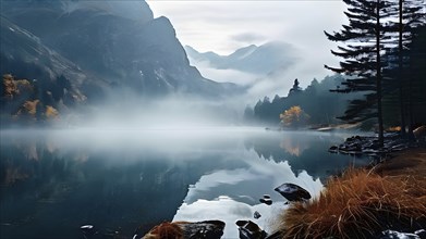 Fog covered landscape with high mountain peaks and a tranquil lake in autumn, AI generated