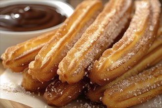 Close up of Churros with chocolate sauce. A fried dough dessert from Spanish and Portuguese cuisine