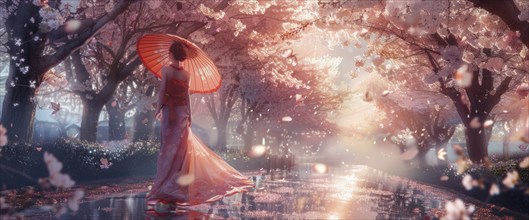 Attractive woman walking down the street with umbrella at sunset, cherry blossoms in the