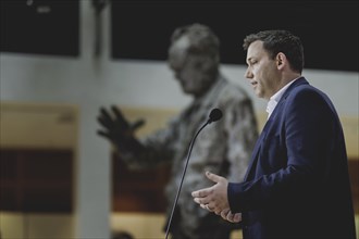 Lars Klingbeil, SPD party chairman, speaks to the press at the kick-off meeting of the SPD party