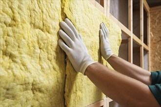 Construction worker installing mineral wool filling used as isolation material in walls. KI