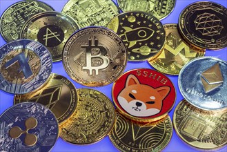 Various cryptocurrencies, symbol coins, optical placeholder for the digital currency, blockchain,