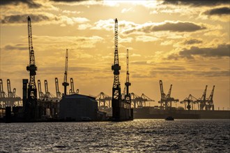 Port of Hamburg, view of the Blohm + Voss shipyard, evening, cranes of the container terminals,