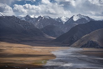 Plateau in the high mountains, glaciated and snow-covered peaks, Ak Shyrak Mountains, near Kumtor,