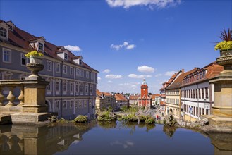 Water art and town hall tower, Gotha, Thuringia, Germany, Europe