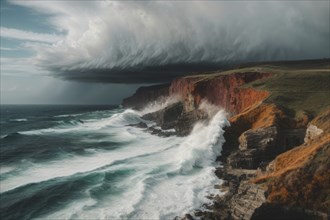 A stormy ocean with a large wave crashing against the rocks. The sky is cloudy and the water is