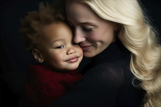 Young caucasian woman with blind hair hugging young mixed child with black skin. Concpet for