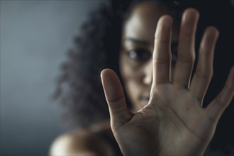 Woman's hand raised in defensive pose. KI generiert, generiert, AI generated