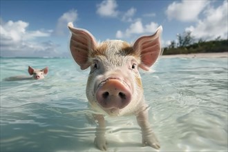 Cute pig swimming in ocean. KI generiert, generiert, AI generated