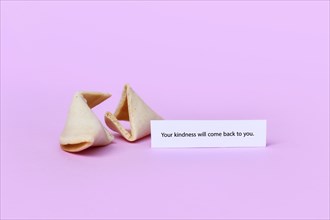 Fortune cookie with motivational text saying 'Your kindness will come back to you on pink