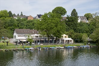 Restaurant and boats on the banks of the Ruhr, Kupferdreh, Essen, Ruhr area, North