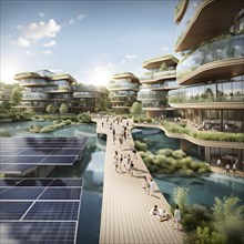 3d rendering of a sustainable engaged waterfront development with floating solar panels, AI